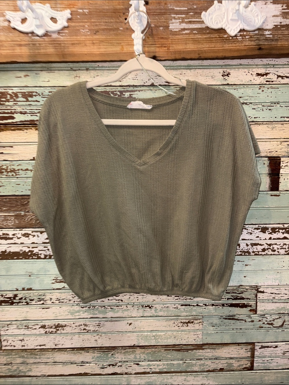 Pink Rose Olive Green Knit Top with V-Neck